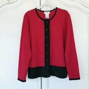 Vintage Talbots Red Black Trim Merino Wool Long Sleeve Cardigan Sweater Small P